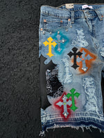 GALLERY OF ILLUSIONS MULTI CROSS DENIM JORTS (made on Levi 405)