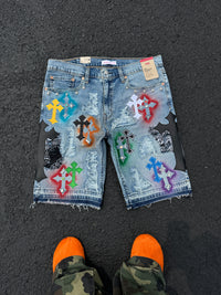 GALLERY OF ILLUSIONS MULTI CROSS DENIM JORTS (made on Levi 405)